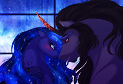Size: 3700x2528 | Tagged: safe, artist:silverwolf866, king sombra, princess luna, alicorn, pony, unicorn, g4, black mane, blue mane, blushing, colored horn, curved horn, digital art, ethereal mane, female, flowing mane, high res, horn, lidded eyes, looking at each other, looking at someone, male, mare, night, rain, red eyes, ship:lumbra, shipping, sky, smiling, sombra horn, speedpaint, stallion, starry mane, stars, straight, teeth, window