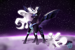 Size: 6000x4000 | Tagged: safe, artist:luzreal, nightmare moon, alicorn, pony, g4, angry, blue eyes, curved horn, digital art, ethereal mane, feather, female, flowing mane, flowing tail, gritted teeth, horn, mare, moon, peytral, redesign, revenge, signature, solo, space, speedpaint, spread wings, starry mane, stars, tail, teeth, watermark, white mane, white tail, wings