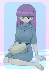 Size: 1503x2224 | Tagged: safe, artist:batipin, maud pie, human, equestria girls, g4, barefoot, breasts, busty maud pie, cleavage, feet, female, looking down, multiple variants, rock, sitting, solo