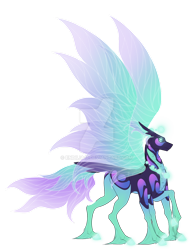 Size: 1024x1328 | Tagged: safe, artist:endilia17, oc, oc only, original species, clothes, colored wings, concept, concept art, description, deviantart watermark, digital art, glowing, glowing eyes, jewelry, multicolored tail, multicolored wings, necklace, obtrusive watermark, see-through, simple background, solo, spread wings, tail, transparent background, unshorn fetlocks, watermark, wings, wixen