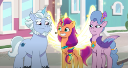 Size: 1291x692 | Tagged: safe, screencap, alphabittle blossomforth, queen haven, sunny starscout, alicorn, pegasus, pony, unicorn, g5, my little pony: tell your tale, on your cutie marks, spoiler:g5, spoiler:tyts01e18, artificial horn, artificial wings, augmented, female, headset mic, horn, magic, magic horn, magic wings, male, mane stripe sunny, mare, race swap, stallion, sunnycorn, wings