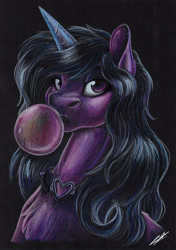 Size: 2458x3498 | Tagged: safe, artist:lupiarts, izzy moonbow, pony, unicorn, g5, artwork, black background, bubble, bubblegum, colored pencil drawing, colored sketch, fanart, female, food, goth, goth izzy, gothic, gum, high res, jewelry, necklace, signature, simple background, solo, traditional art