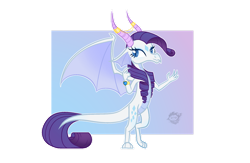 Size: 1280x832 | Tagged: safe, artist:fourteennails, rarity, dragon, g4, blue eyes, blue mane, claws, curly hair, dragon wings, dragoness, dragonified, female, horns, raridragon, scales, simple background, smiling, solo, species swap, spread wings, transparent background, watermark, wings