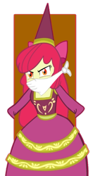 Size: 515x973 | Tagged: safe, artist:succubi samus, edit, apple bloom, human, equestria girls, for whom the sweetie belle toils, g4, adorabloom, angry, background removed, bondage, bound and gagged, cloth gag, clothes, cute, dress, dressup, gag, glare, hat, hennin, lidded eyes, looking at someone, over the nose gag, pole tied, princess apple bloom, simple background, solo, tied up, transparent background