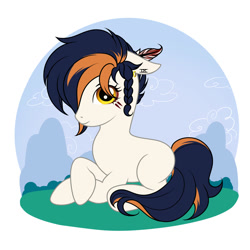 Size: 2000x2000 | Tagged: safe, artist:ynery, oc, oc only, oc:ynery, earth pony, pony, blue mane, blue tail, brown mane, brown tail, ears back, earth pony oc, feather in hair, female, high res, looking at you, lying down, mare, missing cutie mark, pony oc, prone, smiling, smiling at you, solo, tail, two toned mane, two toned tail, white coat, yellow eyes