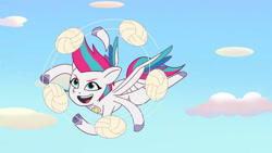 Size: 3410x1920 | Tagged: safe, screencap, zipp storm, pegasus, pony, g5, my little pony: tell your tale, on your cutie marks, spoiler:g5, spoiler:my little pony: tell your tale, spoiler:tyts01e18, female, flying, high res, mare, open mouth, open smile, smiling, solo, sports, spread wings, volleyball, wings, youtube link