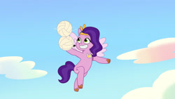 Size: 3410x1920 | Tagged: safe, screencap, pipp petals, pegasus, pony, g5, my little pony: tell your tale, on your cutie marks, spoiler:g5, spoiler:my little pony: tell your tale, spoiler:tyts01e18, female, flying, grin, high res, mare, smiling, solo, spread wings, wings, youtube link