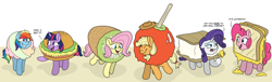 Size: 7746x2364 | Tagged: safe, artist:doodledonutart, part of a set, applejack, fluttershy, pinkie pie, rainbow dash, rarity, twilight sparkle, alicorn, earth pony, pegasus, pony, unicorn, g4, absurd resolution, apple, apple costume, burger, burger costume, candy apple, candy apple costume, cheese, clothes, comic, commission, costume, cream, dialogue, eyes closed, female, food, food costume, fruit, grilled cheese, grilled cheese costume, grilled cheese sandwich, grilled cheese sandwich costume, grin, hamburger, hay burger, ice, ice cream, ice cream costume, kiwi costume, kiwi fruit, kiwi fruit costume, mane six, mare, one-panel comic, open mouth, open smile, pun, rarity is a marshmallow, s'mores, s'mores costume, sandwich, sandwich costume, sherbet, sherbet costume, simple background, smiling, twilight burgkle, twilight sparkle (alicorn), white background