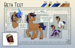 Size: 3684x2340 | Tagged: safe, artist:cosmalumi, oc, oc:beta test, pony, unicorn, armor, black mane, black tail, blue mane, blue tail, book, clothes, cutie mark, glasses, glowing, glowing horn, glowing mane, high res, horn, lab coat, magic, male, reference sheet, solo, spellbook, stallion, tail, text, unshorn fetlocks, yellow eyes