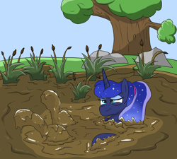 Size: 2000x1800 | Tagged: safe, artist:amateur-draw, princess luna, alicorn, pony, g4, alternate hairstyle, female, mare, mud, mud bath, muddy, pond, ponytail, solo, summer, water, wet and messy