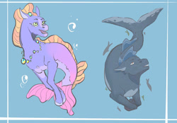 Size: 1280x890 | Tagged: safe, artist:larkplay, oc, oc only, fish, hybrid, merpony, seapony (g4), blue background, brown eyes, bubble, digital art, dorsal fin, female, fins, fish tail, flowing tail, green eyes, jewelry, looking up, male, necklace, ocean, open mouth, simple background, smiling, swimming, tail, teeth, underwater, water, whale seapony