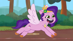Size: 3410x1920 | Tagged: safe, screencap, pipp petals, pegasus, pony, g5, my little pony: tell your tale, on your cutie marks, spoiler:g5, spoiler:my little pony: tell your tale, spoiler:tyts01e18, adorapipp, cute, female, flying, high res, mare, mud, open mouth, open smile, smiling, solo, spread wings, wings, youtube link