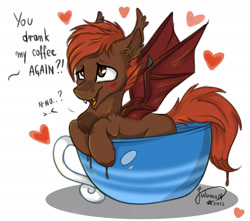Size: 1920x1699 | Tagged: safe, artist:julunis14, oc, oc only, oc:zack whitefang, bat pony, pony, bat pony oc, blushing, chest fluff, coffee cup, cup, cup of pony, heart, micro, simple background, solo, white background