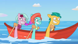 Size: 3410x1920 | Tagged: safe, screencap, dahlia, hitch trailblazer, jazz hooves, earth pony, pony, g5, my little pony: tell your tale, on your cutie marks, spoiler:g5, spoiler:my little pony: tell your tale, spoiler:tyts01e18, boat, female, grin, high res, male, mare, shrunken pupils, smiling, stallion, trio, youtube link