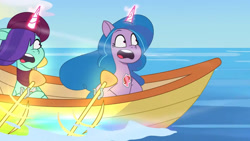 Size: 3410x1920 | Tagged: safe, screencap, izzy moonbow, onyx, pony, unicorn, g5, my little pony: tell your tale, on your cutie marks, spoiler:g5, spoiler:my little pony: tell your tale, spoiler:tyts01e18, beret, boat, clothes, duo, female, glowing, glowing horn, hat, high res, horn, magic, mare, oar, open mouth, scarf, shrunken pupils, telekinesis, youtube link