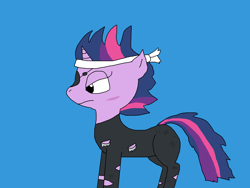 Size: 2000x1500 | Tagged: safe, artist:blazewing, twilight sparkle, pony, unicorn, g4, it's about time, blue background, bodysuit, catsuit, clothes, clothing damage, colored background, drawpile, eyepatch, frown, future twilight, headband, messy mane, messy tail, scar, simple background, solo, tail, unicorn twilight