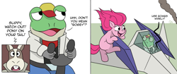 Size: 3345x1405 | Tagged: safe, artist:doodledonutart, pinkie pie, earth pony, hare, pony, toad, g4, comic, crossover, female, male, mare, peppy hare, slippy toad, star fox