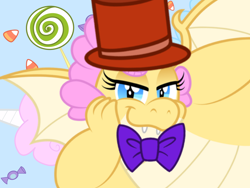 Size: 1024x768 | Tagged: safe, artist:aleximusprime, artist:disneymarvel96, edit, oc, oc:buttercream the dragon, dragon, bedroom eyes, bowtie, chubby, condescending wonka, dragoness, fat, female, hat, meme, roald dahl, sexy, solo, top hat, willy wonka, willy wonka and the chocolate factory