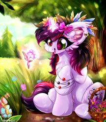 Size: 2257x2618 | Tagged: safe, artist:woonborg, oc, oc only, oc:bloody herb, pony, unicorn, basket, bow, bracelet, chest fluff, ear fluff, feather, flower, flower in hair, hair bow, high res, jewelry, magic, solo, tree
