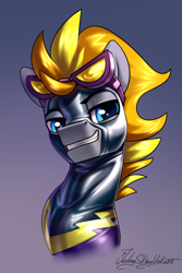 Size: 2000x3000 | Tagged: safe, artist:jedayskayvoker, oc, oc:blaze (shadowbolt), pony, blue eyes, bust, clothes, costume, glasses, gradient background, high res, icon, latex, latex suit, male, patreon, patreon reward, portrait, shadowbolts, shadowbolts costume, shiny, smiling, solo, stallion