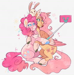 Size: 1280x1289 | Tagged: safe, artist:wanderingpegasus, angel bunny, fluttershy, pinkie pie, earth pony, pegasus, pony, rabbit, g4, animal, cellphone, chest fluff, cute, diapinkes, duo, female, freckles, grin, heart, hug, leg fluff, male, mare, markings, phone, redesign, selfie, selfie stick, shyabetes, simple background, smartphone, smiling, unshorn fetlocks, white background