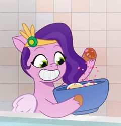 Size: 1828x1908 | Tagged: safe, screencap, pipp petals, pegasus, pony, g5, my little pony: tell your tale, on your cutie marks, spoiler:g5, spoiler:my little pony: tell your tale, spoiler:tyts01e18, bowl, cereal, female, flashback, food, glitter, grin, magic, mare, open mouth, open smile, smiling, solo focus, telekinesis