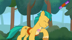 Size: 3410x1920 | Tagged: safe, screencap, hitch trailblazer, earth pony, pony, g5, my little pony: tell your tale, on your cutie marks, spoiler:g5, spoiler:my little pony: tell your tale, spoiler:tyts01e18, eyes closed, high res, male, smiling, solo, stallion, youtube link