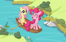 Size: 1751x1113 | Tagged: safe, artist:reconprobe, fluttershy, pinkie pie, earth pony, pegasus, pony, g4, boat, duo, river, water
