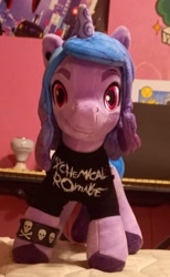 Size: 1125x1831 | Tagged: safe, izzy moonbow, pony, unicorn, g5, clothes, ear piercing, goth, goth izzy, irl, my chemical romance, photo, piercing, plushie, shirt, solo