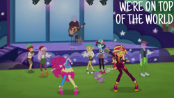 Size: 1280x720 | Tagged: safe, edit, edited screencap, editor:quoterific, screencap, pinkie pie, snails, spike, spike the regular dog, sunset shimmer, dog, human, equestria girls, g4, my little pony equestria girls: better together, wake up!, wake up!: pinkie pie, eyes closed, female, geode of empathy, magical geodes, male, music festival outfit, open mouth, open smile, smiling, text