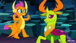 Size: 640x360 | Tagged: safe, screencap, ocellus, smolder, thorax, changedling, changeling, dragon, g4, season 9, uprooted, animated, blinking, cute, disguise, disguised changeling, dragon ocellus, dragoness, female, flying, gif, gifs.com, grin, king thorax, male, open mouth, shapeshifting, smiling, spread wings, thorax is not amused, trio, unamused, wings