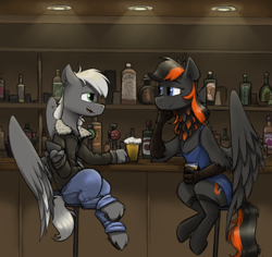 Size: 1786x1688 | Tagged: safe, artist:sinrar, oc, oc only, oc:crafted sky, hippogriff, pegasus, pony, alcohol, bar, clothes, duo, looking at each other, looking at someone, male, open mouth, sitting, socks, stallion