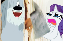 Size: 470x312 | Tagged: safe, edit, rarity, dog, pony, unicorn, g4, artifact, axe, crossover, female, here's johnny, male, mare, niblet, pound puppies, secret butt fun, the shining, weapon