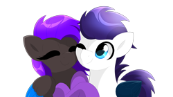 Size: 6250x3508 | Tagged: safe, artist:enviaart, oc, oc only, oc:luminous breeze, oc:megalou, black coat, blue eyes, clothes, commission, couple, folded wings, looking at you, one eye closed, purple mane, purple tail, rearing, simple background, socks, tail, transparent background, white coat, wings, wink, winking at you