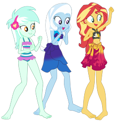 Size: 4236x4406 | Tagged: safe, artist:gmaplay, lyra heartstrings, sunset shimmer, trixie, human, equestria girls, g4, i'm on a yacht, my little pony equestria girls: better together, absurd resolution, armpits, arms in the air, bare shoulders, barefoot, belly button, clothes, eyebrows, feet, female, grin, hands in the air, lyra heartstrings swimsuit, open mouth, open smile, sarong, simple background, sleeveless, smiling, swimsuit, transparent background, trio, trio female