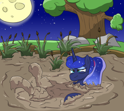 Size: 2000x1800 | Tagged: safe, alternate version, artist:amateur-draw, princess luna, alicorn, pony, g4, alternate hairstyle, female, mare, moon, moonlight, mud, mud bath, muddy, night, pond, ponytail, solo, summer, water, wet and messy