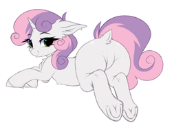 Size: 3000x2180 | Tagged: safe, artist:pesty_skillengton, sweetie belle, pony, unicorn, g4, butt, dock, featureless crotch, female, high res, mare, plot, simple background, solo, sweetie butt, tail, tail aside, underhoof, white background