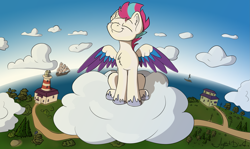Size: 2629x1564 | Tagged: safe, artist:agent-diego, zipp storm, pegasus, pony, g5, adorazipp, boat, cloud, cute, detailed background, eyes closed, female, lighthouse, mare, on a cloud, sitting, sitting on a cloud, sky, smiling, spread wings, tree, wings