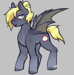 Size: 654x659 | Tagged: safe, artist:tyotheartist1, oc, oc:lemon eye, bat pony, pony, bat pony oc, chest fluff, freckles, gray coat, male, purple eyes, signature, simple background, spread wings, stallion, tail, wings, yellow mane, yellow tail