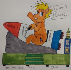 Size: 2822x2800 | Tagged: safe, artist:rapidsnap, oc, oc only, pony, atg 2022, drunk, drunk bubbles, high res, kiddie ride, newbie artist training grounds, rocket, solo, traditional art