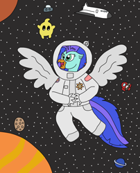 Size: 2448x3030 | Tagged: safe, artist:supahdonarudo, oc, oc only, oc:sea lilly, classical hippogriff, hippogriff, luma, among us, atg 2022, high res, moon, newbie artist training grounds, planet, space, space shuttle, spacesuit, stars, super mario bros., ufo
