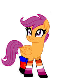 Size: 2975x3850 | Tagged: safe, artist:taeko, scootaloo, pegasus, pony, base used, clothes, cute, cutealoo, female, folded wings, lesbian pride flag, looking up, no source, one leg raised, polyamorous pride flag, pride, pride flag, show accurate, simple background, smiling, stockings, thigh highs, transparent background, wings
