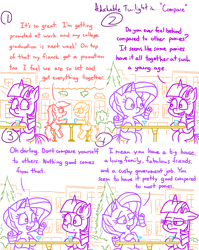 Size: 4779x6013 | Tagged: safe, artist:adorkabletwilightandfriends, apple cobbler, rarity, twilight sparkle, oc, oc:marie, alicorn, pony, unicorn, comic:adorkable twilight and friends, g4, adorkable, adorkable twilight, apple family member, comic, comparison, conversation, cute, dork, downtown, drink, drinking, eavesdropping, female, freckles, mare, ponyville, sitting, slice of life, smiling, table, twilight sparkle (alicorn), twilight sparkle is not amused, unamused, uncomfortable