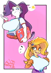 Size: 1400x2000 | Tagged: safe, artist:sozglitch, rarity, bandicoot, human, anthro, equestria girls, g4, activision, big breasts, breasts, busty rarity, clothes swap, coco bandicoot, crash bandicoot (series), crossover, duo, duo female, female, huge breasts, looking at you, one eye closed, open mouth, open smile, smiling, wink, winking at you