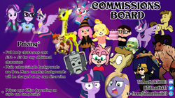 Size: 5249x2953 | Tagged: safe, artist:tidmouthmilk12, doctor whooves, starlight glimmer, time turner, twilight sparkle, oc, oc:tidmouth milk, cyberman, giraffe, human, original species, pony, equestria girls, g4, advertisement, amy rose, animal crossing, bovine, commission info, doctor who, fallout, lego, meme, sonic the hedgehog (series), unikitty, vector