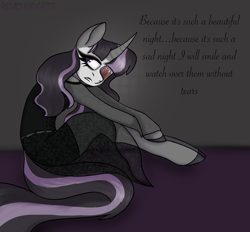 Size: 1493x1384 | Tagged: safe, artist:revenge.cats, oc, oc only, unicorn, semi-anthro, arm hooves, clothes, dress, eyeshadow, goth, lipstick, makeup, one eyed, scar, sitting, solo, song reference