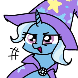 Size: 768x768 | Tagged: safe, artist:namaenonaipony, trixie, pony, unicorn, g4, brooch, bust, cape, clothes, female, hat, horn, jewelry, mare, open mouth, simple background, solo, trixie's brooch, trixie's cape, trixie's hat, white background