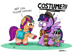 Size: 1024x725 | Tagged: safe, artist:bobthedalek, spike, sunny starscout, twilight sparkle, alicorn, dragon, earth pony, pony, g4, g5, spoiler:g5, atg 2022, back to the future, bag, clock, clothes, crossover, doctor who, female, fourth doctor's scarf, male, mare, marty mcfly, newbie artist training grounds, saddle bag, scarf, striped scarf, sunglasses, sunny and her heroine, time travel, trio, twilight sparkle (alicorn), unshorn fetlocks