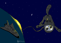Size: 1200x849 | Tagged: safe, artist:darkdabula, derpy hooves, pony, g4, atg 2022, newbie artist training grounds, solo, space shuttle, spacesuit