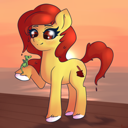 Size: 3000x3000 | Tagged: safe, artist:plaguemare, oc, oc only, oc:shoveldafries, dragon, earth pony, pony, :p, baby, baby dragon, female, high res, mare, smiling, sunset, tongue out